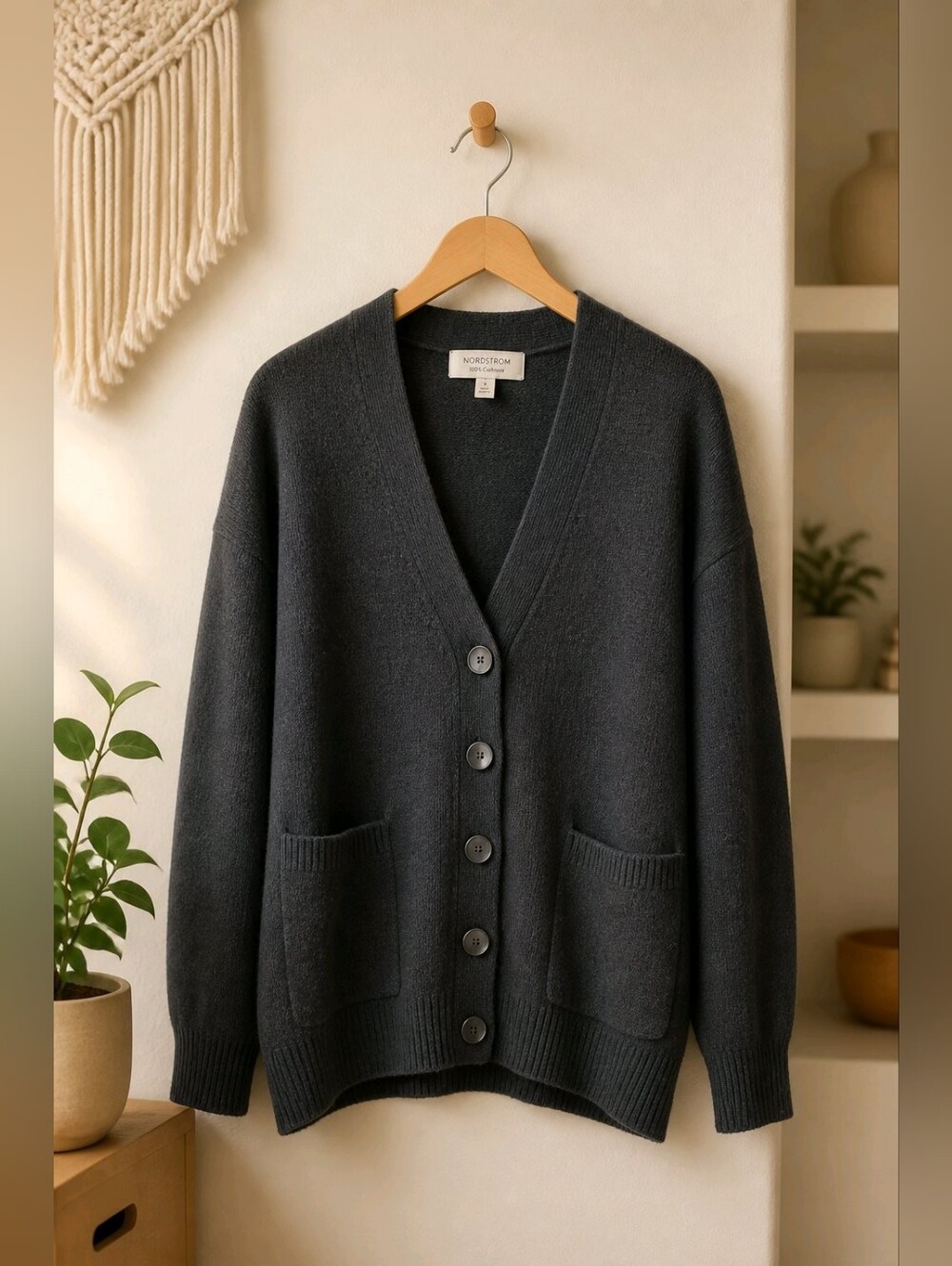 Nordstrom Womens Black Wool Cashmere 5-Button Front V-Neck Cardigan Size Small